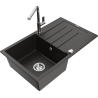 Mexen Bruno granite sink 1-bowl with drainer and Flora kitchen tap, black/golden metallic - 6513-75-670401-00