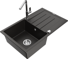 Mexen Bruno 1-bowl granite sink with drainer and Flora kitchen faucet, black/gold metallic - 6513-75-670401-00