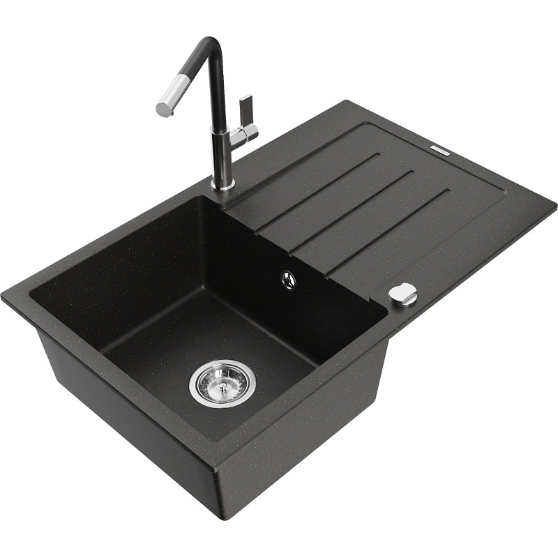 Mexen Bruno granite kitchen sink single-bowl with drainer and Flora kitchen faucet, black/gold metallic - 6513-75-670401-07
