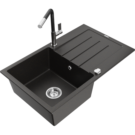 Mexen Bruno 1-bowl granite sink with drainer and Flora kitchen tap, black/gold metallic - 6513-75-670401-07