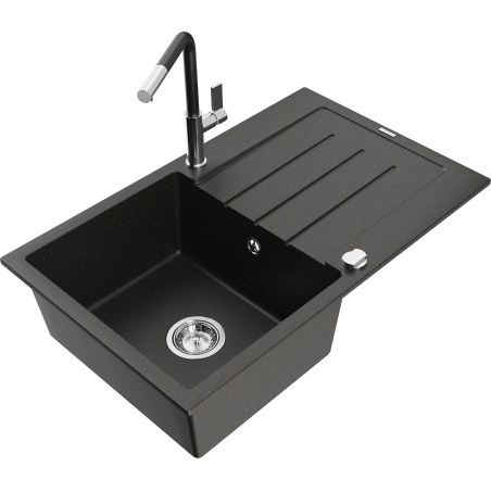 Mexen Bruno granite kitchen sink 1-bowl with drainer and Flora kitchen faucet, black/gold metallic - 6513-75-670401-07