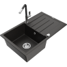 Mexen Bruno granite kitchen sink 1-bowl with drainer and Flora kitchen faucet, black/gold metallic - 6513-75-670401-07