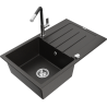 Mexen Bruno granite kitchen sink single-bowl with drainer and Flora kitchen faucet, black/gold metallic - 6513-75-670401-07