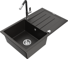 Mexen Bruno granite kitchen sink single-bowl with drainer and Flora kitchen faucet, black/gold metallic - 6513-75-670401-07