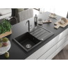 Mexen Bruno granite kitchen sink 1-bowl with drainer and Flora kitchen faucet, black/gold metallic - 6513-75-670401-07