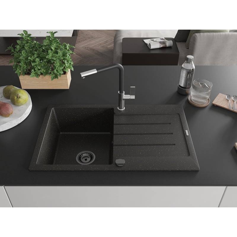 Mexen Bruno granite sink 1-bowl with drainer and Flora kitchen faucet, black/gold metallic - 6513-75-670401-07-B