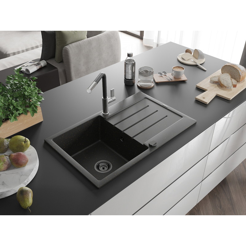 Mexen Bruno granite kitchen sink 1-bowl with drainer and Flora kitchen faucet, black/gold metallic - 6513-75-670401-07-B