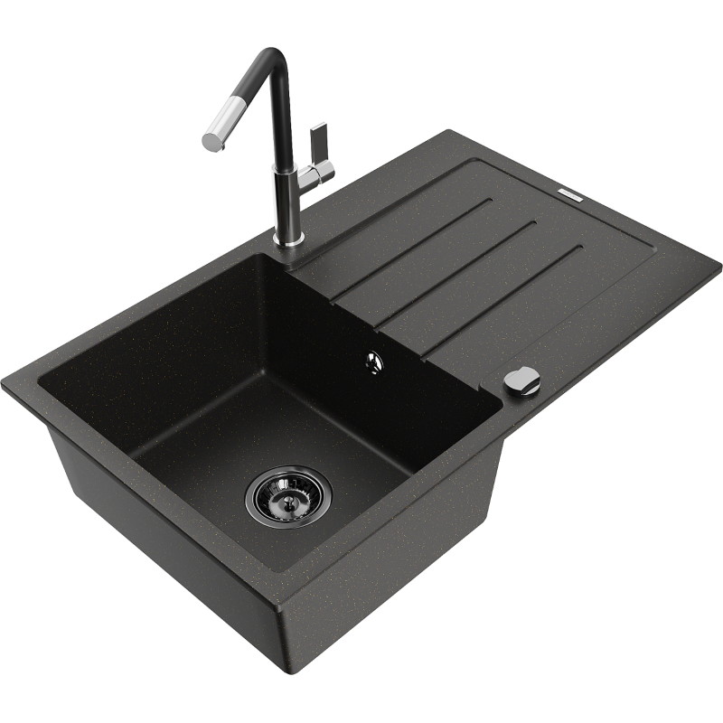 Mexen Bruno granite kitchen sink 1-bowl with drainer and Flora kitchen faucet, black/gold metallic - 6513-75-670401-07-B