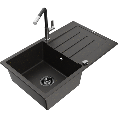 Mexen Bruno 1-bowl granite sink with drainer and Flora kitchen tap, black/gold metallic - 6513-75-670401-07-B