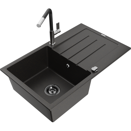 Mexen Bruno granite sink 1-bowl with drainer and Flora kitchen faucet, black/gold metallic - 6513-75-670401-07-B