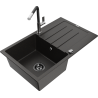 Mexen Bruno 1-bowl granite sink with drainer and Flora kitchen tap, black/gold metallic - 6513-75-670401-07-B