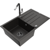 Mexen Bruno granite sink 1-bowl with drainer and Flora kitchen faucet, black/gold metallic - 6513-75-670401-07-B