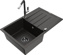 Mexen Bruno granite kitchen sink 1-bowl with drainer and Flora kitchen faucet, black/gold metallic - 6513-75-670401-07-B