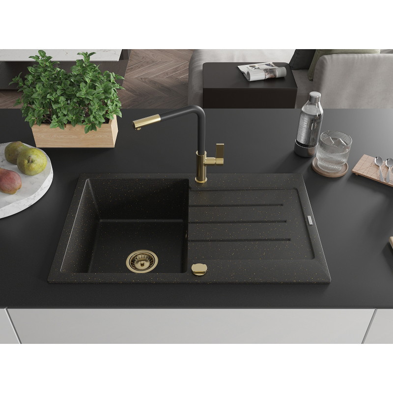Mexen Bruno granite kitchen sink 1-bowl with drainboard and kitchen faucet Flora, black/gold metallic - 6513-75-670401-57-G