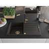 Mexen Bruno granite sink 1-bowl with drainer and kitchen faucet Flora, black/gold metallic - 6513-75-670401-57-G