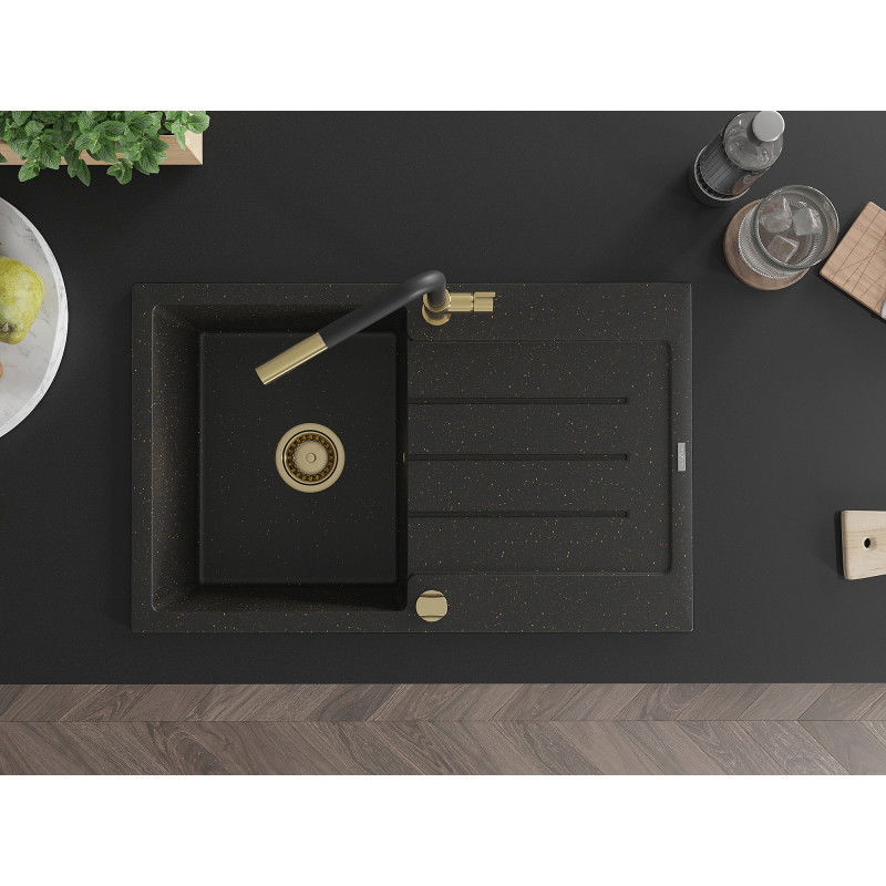 Mexen Bruno granite sink 1-bowl with drainer and Flora kitchen tap, black/gold metallic - 6513-75-670401-57-G