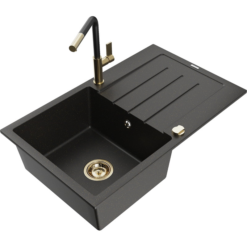 Mexen Bruno granite sink 1-bowl with drainer and kitchen faucet Flora, black/gold metallic - 6513-75-670401-57-G