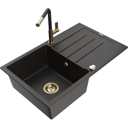 Mexen Bruno granite kitchen sink 1-bowl with drainboard and kitchen faucet Flora, black/gold metallic - 6513-75-670401-57-G