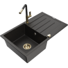 Mexen Bruno granite sink 1-bowl with drainer and Flora kitchen tap, black/gold metallic - 6513-75-670401-57-G