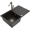 Mexen Bruno granite sink 1-bowl with drainer and kitchen faucet Flora, black/gold metallic - 6513-75-670401-57-G