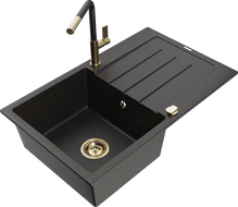 Mexen Bruno 1-compartment granite sink with a drip tray and kitchen mixer tap Flora, Black/Gold metallic - 6513-75-670401-57-G