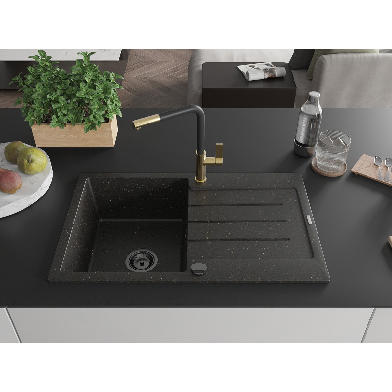 Mexen Bruno granite kitchen sink with 1 compartment, drainer, and Flora kitchen faucet, black/gold metallic