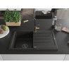Mexen Bruno granite kitchen sink with 1 compartment, drainer, and Flora kitchen faucet, black/gold metallic