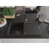 Mexen Bruno granite sink 1-bowl with drainer and Flora kitchen faucet, black/gold metallic - 6513-75-670401-57-B