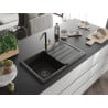 Mexen Bruno granite sink 1-bowl with drainer and Flora kitchen faucet, black/gold metallic - 6513-75-670401-57-B