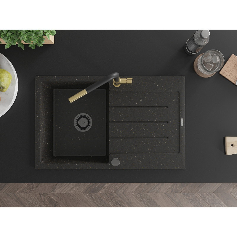 Mexen Bruno granite sink 1-bowl with drainer and Flora kitchen faucet, black/gold metallic - 6513-75-670401-57-B