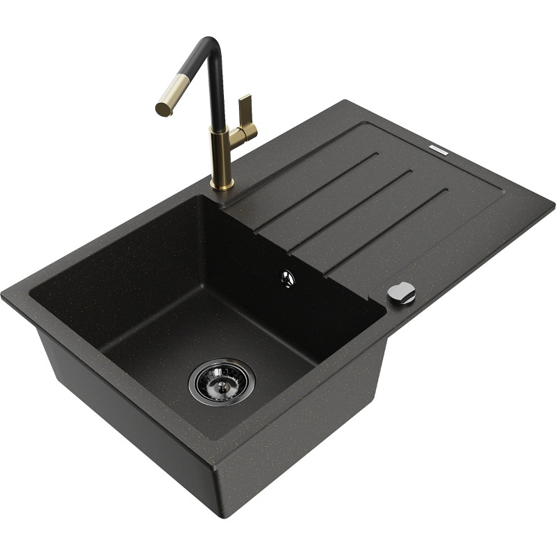 Mexen Bruno granite kitchen sink with 1 compartment, drainer, and Flora kitchen faucet, black/gold metallic