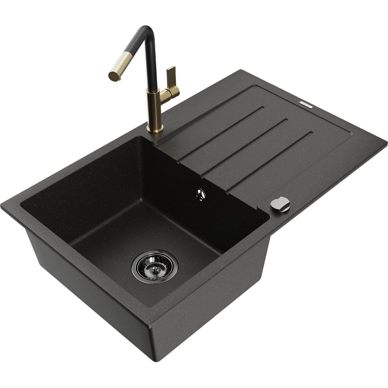Mexen Bruno granite sink 1-bowl with drainer and Flora kitchen faucet, black/gold metallic - 6513-75-670401-57-B