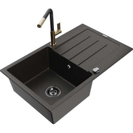 Mexen Bruno granite kitchen sink with 1 compartment, drainer, and Flora kitchen faucet, black/gold metallic