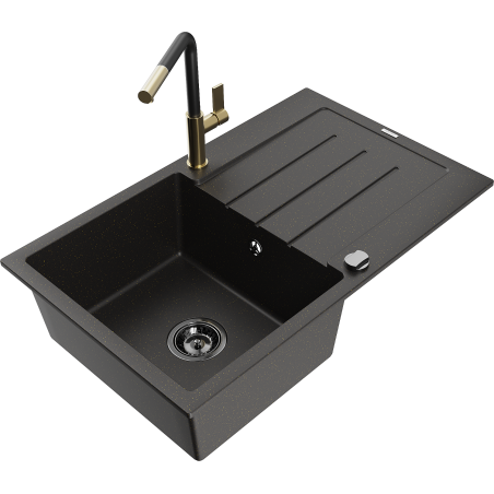 Mexen Bruno granite sink 1-bowl with drainer and Flora kitchen faucet, black/gold metallic - 6513-75-670401-57-B