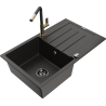 Mexen Bruno granite kitchen sink with 1 compartment, drainer, and Flora kitchen faucet, black/gold metallic