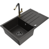 Mexen Bruno granite sink 1-bowl with drainer and Flora kitchen faucet, black/gold metallic - 6513-75-670401-57-B