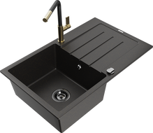 Mexen Bruno granite kitchen sink with 1 compartment, drainer, and Flora kitchen faucet, black/gold metallic