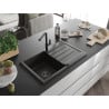 Mexen Bruno 1-bowl granite sink with drainer and Flora kitchen tap, black/gold metallic - 6513-75-670401-70-B