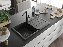 Mexen Bruno 1-compartment granite sink with a drip tray and kitchen mixer tap Flora, Black/Gold metallic - 6513-75-670401-70-B