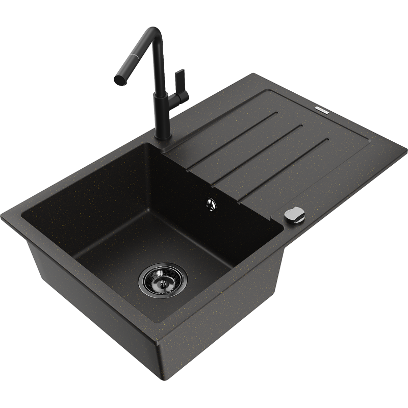 Mexen Bruno 1-bowl granite sink with drainer and Flora kitchen tap, black/gold metallic - 6513-75-670401-70-B