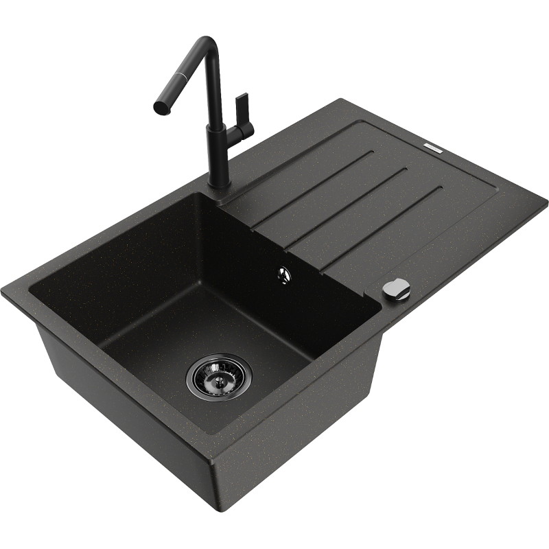 Mexen Bruno granite kitchen sink 1-bowl with drainer and Flora kitchen faucet, black/gold metallic - 6513-75-670401-70-B