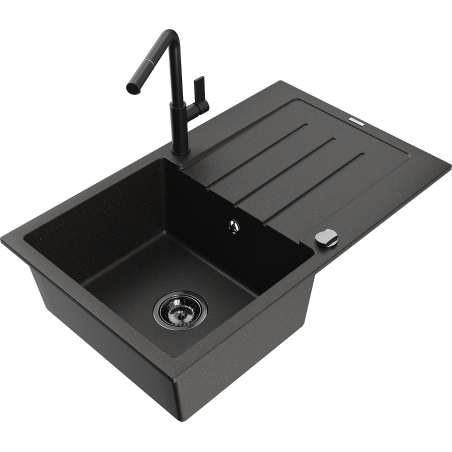 Mexen Bruno 1-bowl granite sink with drainer and Flora kitchen tap, black/gold metallic - 6513-75-670401-70-B