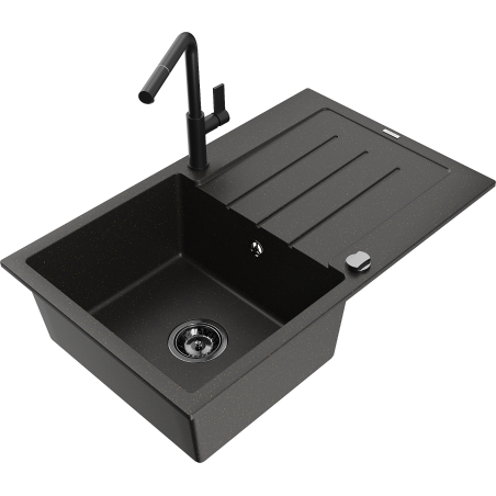 Mexen Bruno single-bowl granite sink with drainer and Flora kitchen faucet, black/gold metallic - 6513-75-670401-70-B