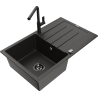 Mexen Bruno granite kitchen sink 1-bowl with drainer and Flora kitchen faucet, black/gold metallic - 6513-75-670401-70-B