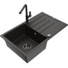 Mexen Bruno single-bowl granite sink with drainer and Flora kitchen faucet, black/gold metallic - 6513-75-670401-70-B