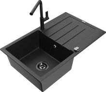 Mexen Bruno single-bowl granite sink with drainer and Flora kitchen faucet, black/gold metallic - 6513-75-670401-70-B