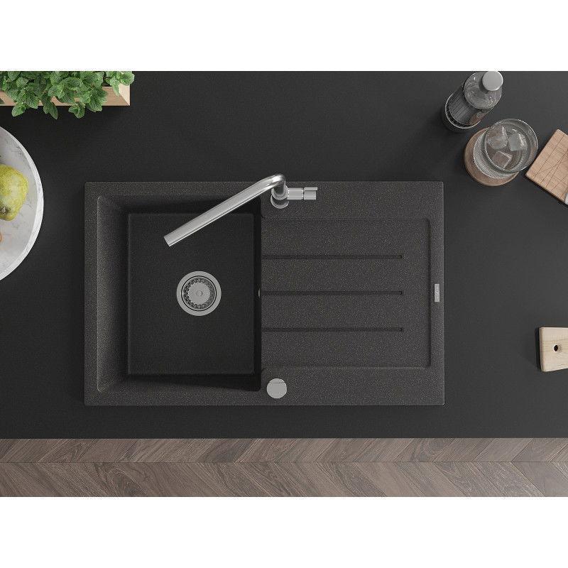 Mexen Bruno 1-bowl granite kitchen sink with drainer and Flora kitchen tap, speckled black - 6513-76-670401-00