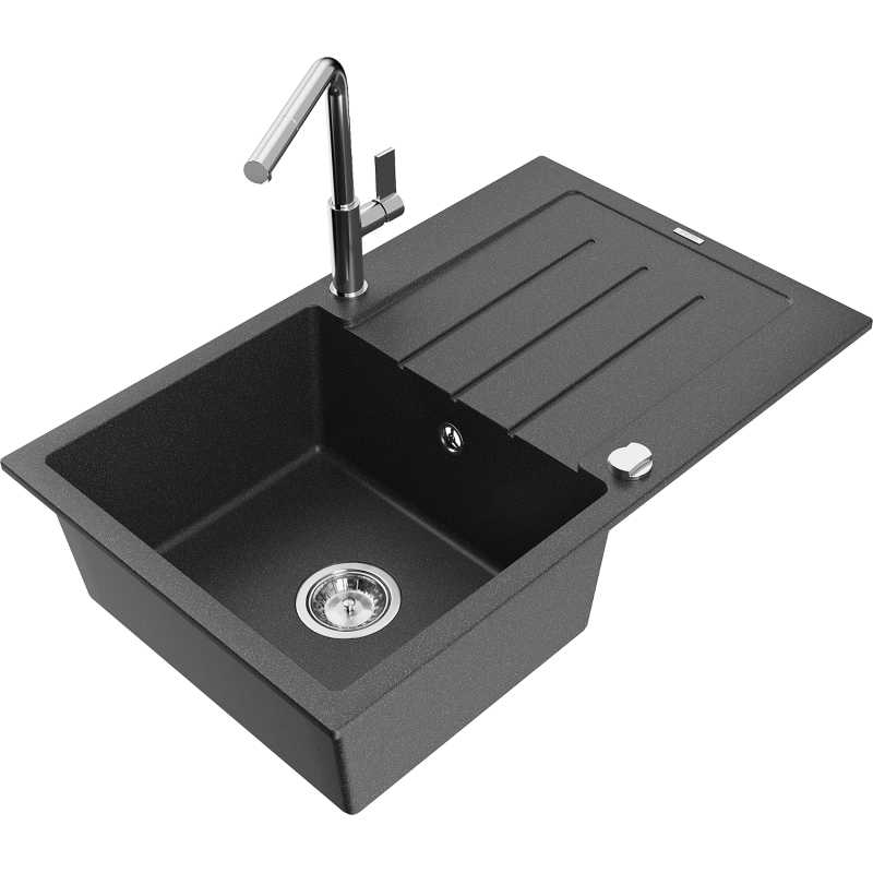 Mexen Bruno 1-bowl granite kitchen sink with drainer and Flora kitchen tap, speckled black - 6513-76-670401-00