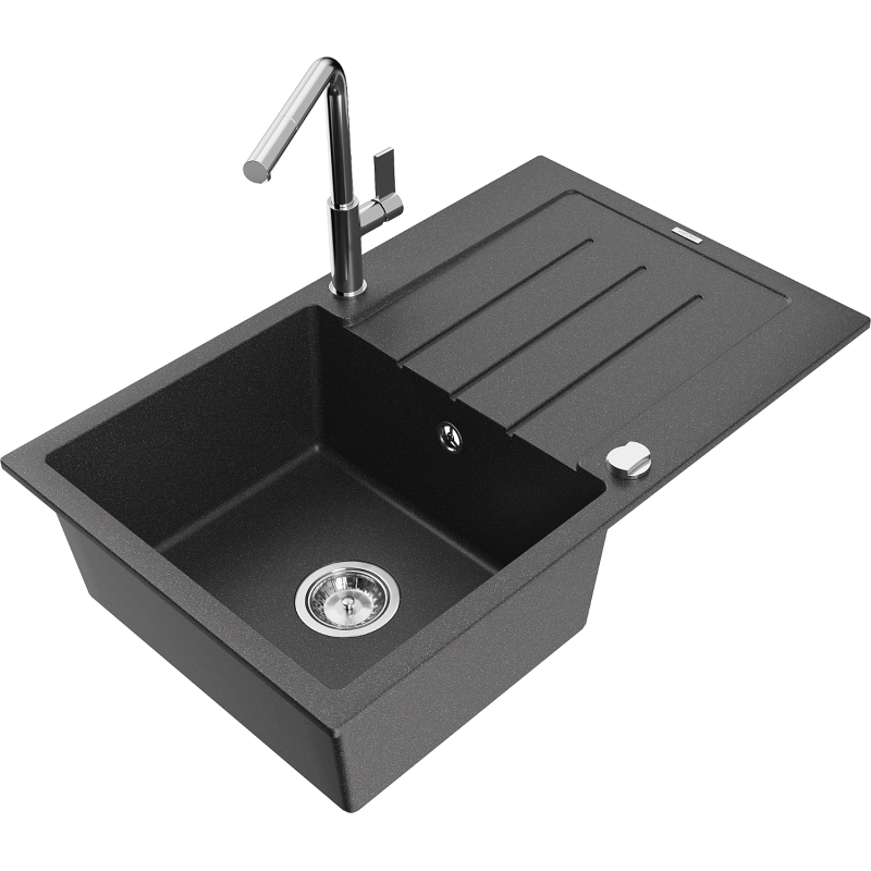 Mexen Bruno 1-compartment granite sink with a drip tray and kitchen mixer tap Flora, spotted black - 6513-76-670401-00
