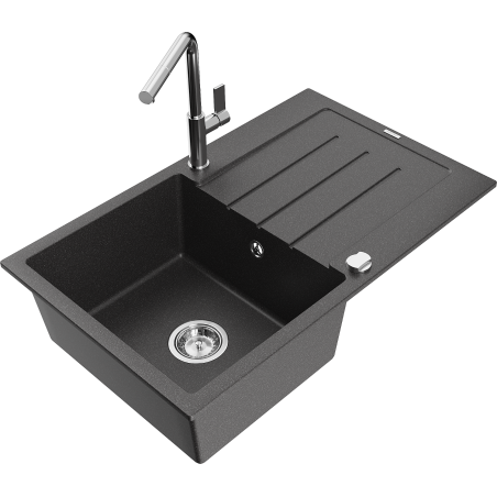 Mexen Bruno 1-bowl granite kitchen sink with drainer and Flora kitchen tap, speckled black - 6513-76-670401-00